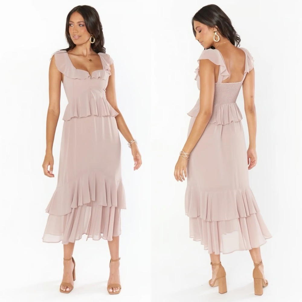NWT Show Me Your Mumu Reese Ruffle Midi Dress Soft Beige Blush XXS Retail $198